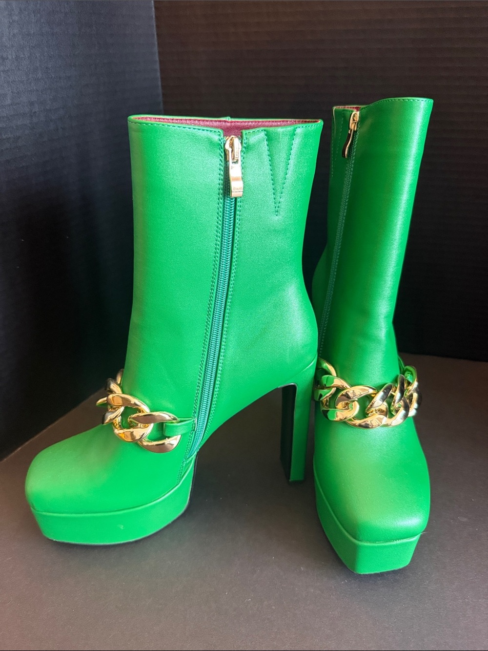 Green Chain-Accent Platform Ankle Boots